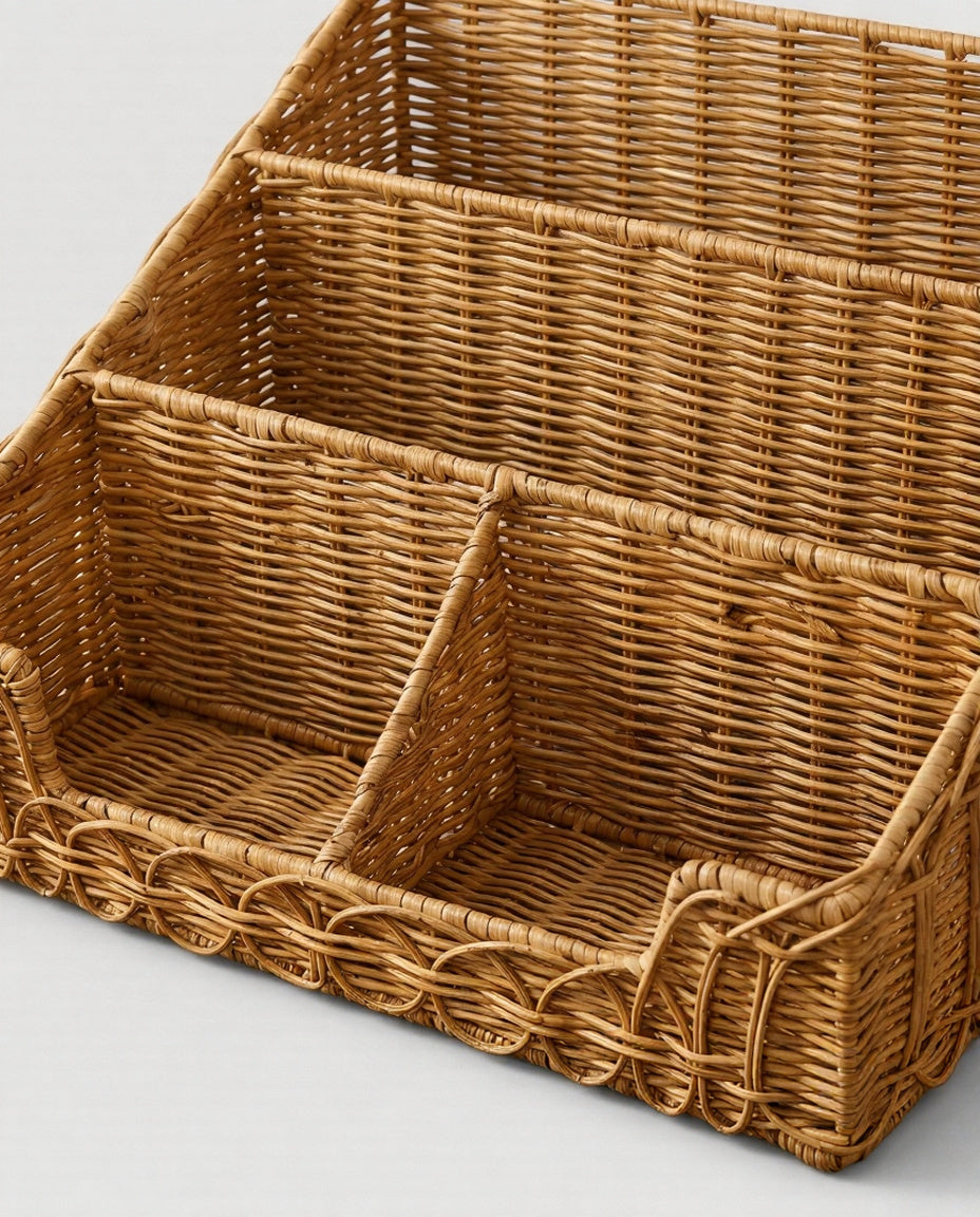 Close-up view of woven rattan storage basket texture