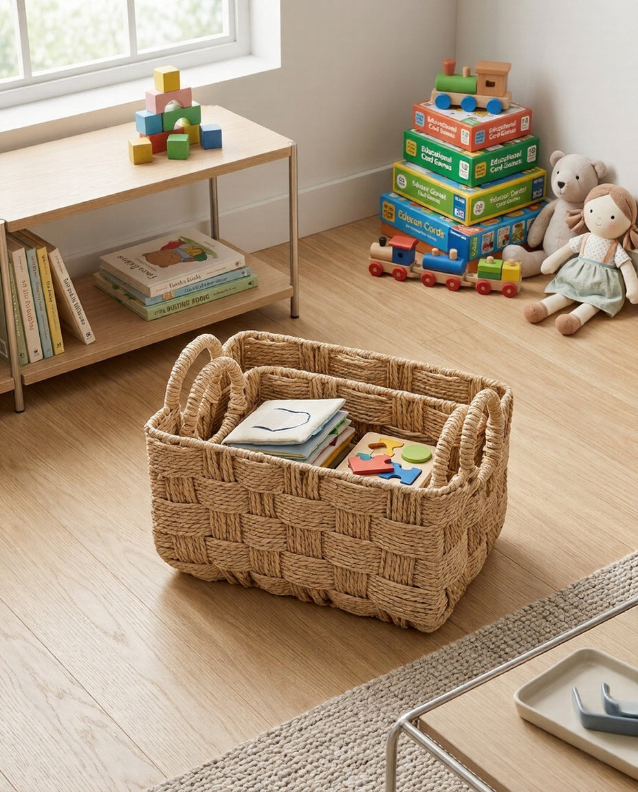 Woven rope storage basket for organizing toys and household items in living room