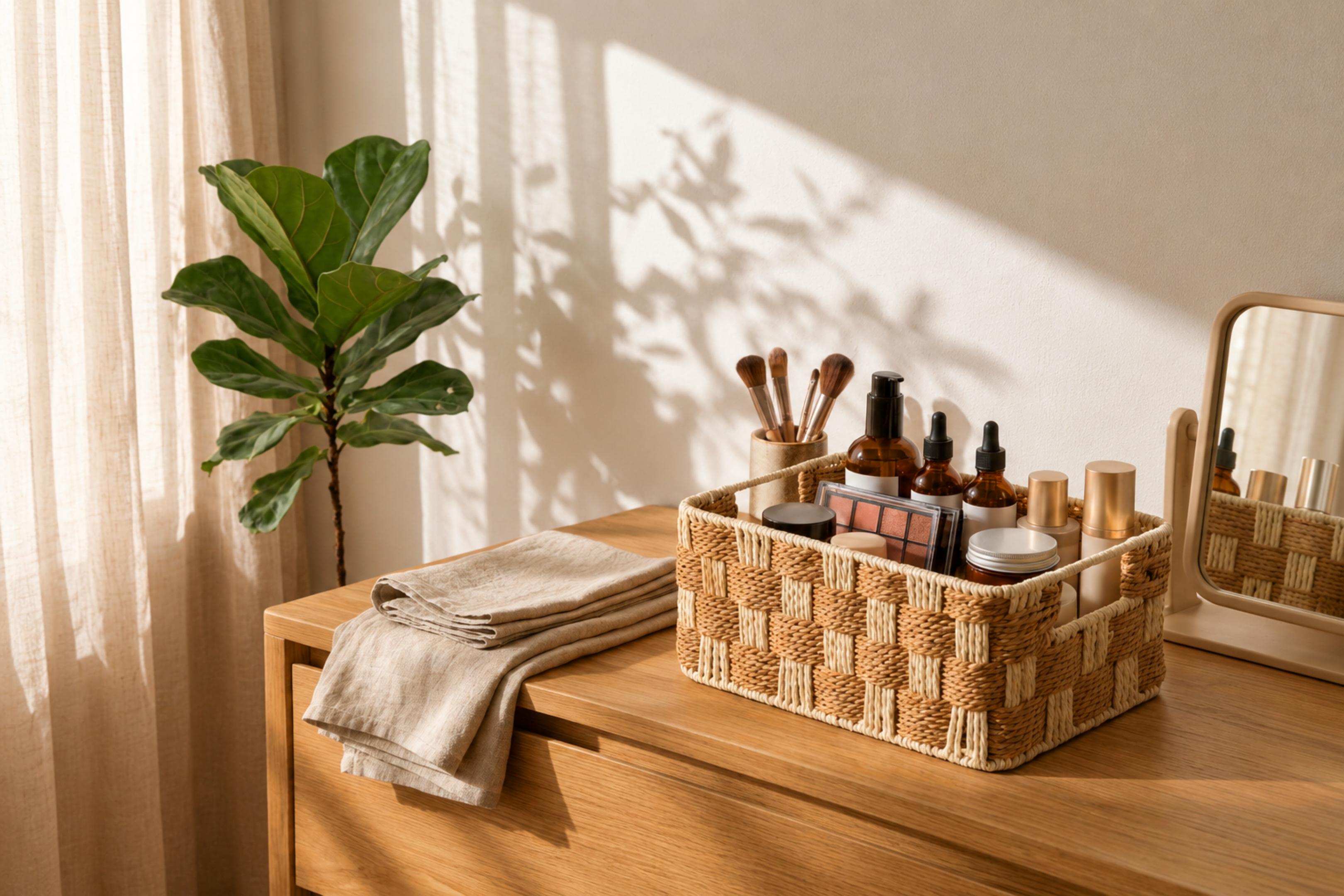 Woven paper-rope baskets arranged on a dressing table in a small, light-filled flat.