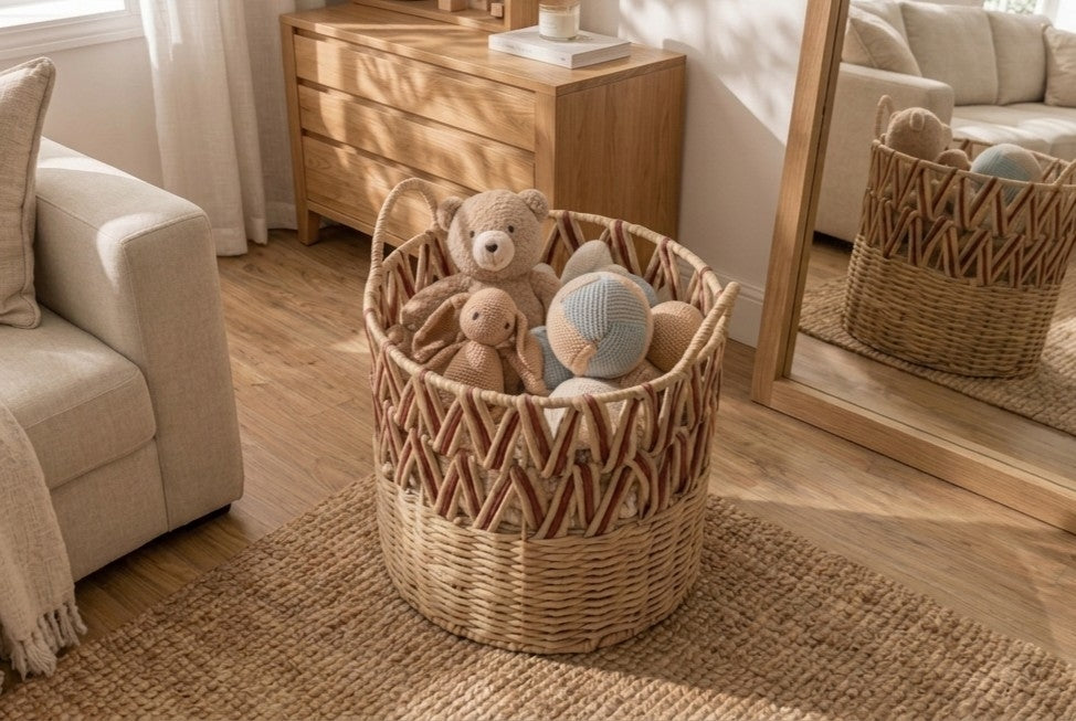 A faux-rattan basket holding soft toys beside a sofa in a family living room.