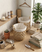 Woven laundry basket for clothes storage on balcony and home spaces