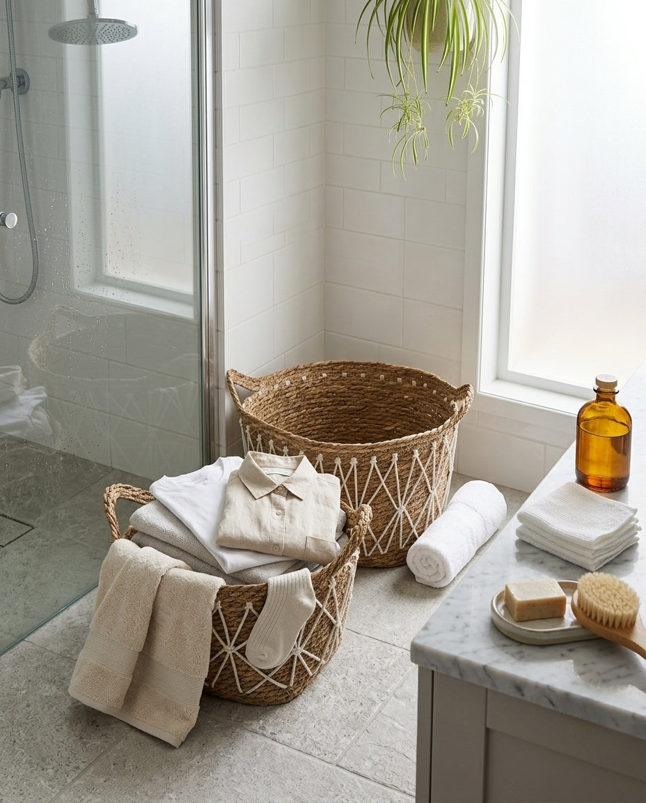 Natural woven basket for bathroom towel storage