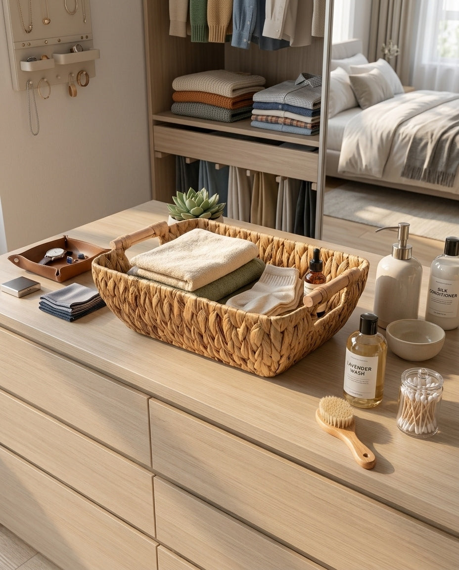 Grass woven basket used for towel storage in modern bathroom space