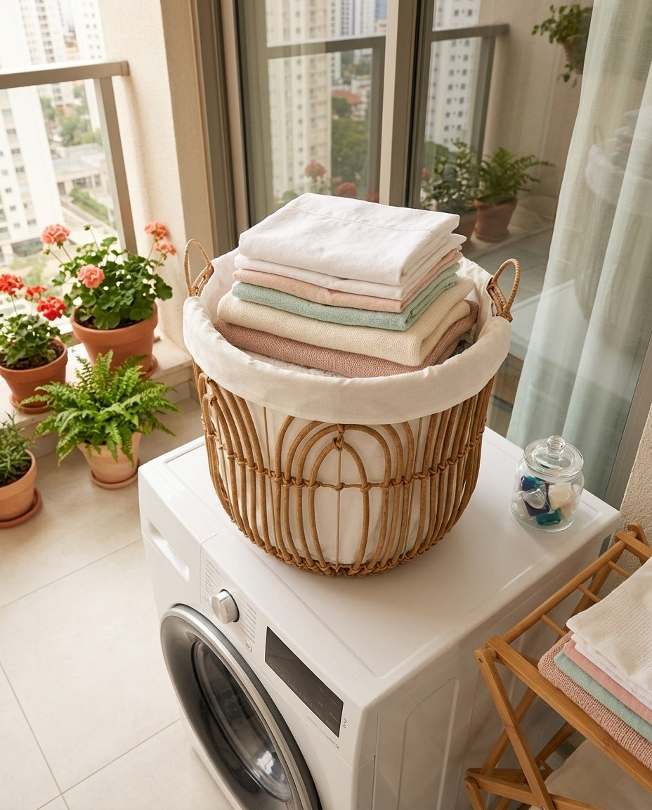 Faux rattan laundry basket used for bedroom organization