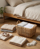 Woven storage basket used for bedroom blanket organization