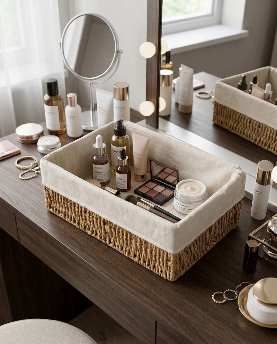 Woven cosmetic basket used on bedroom vanity for beauty storage