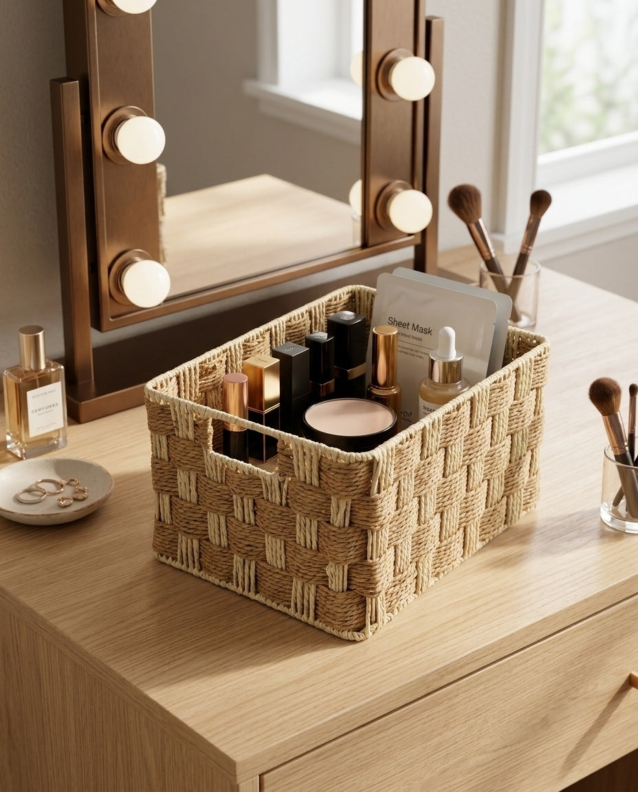 Paper rope cosmetic basket for vanity and skincare storage