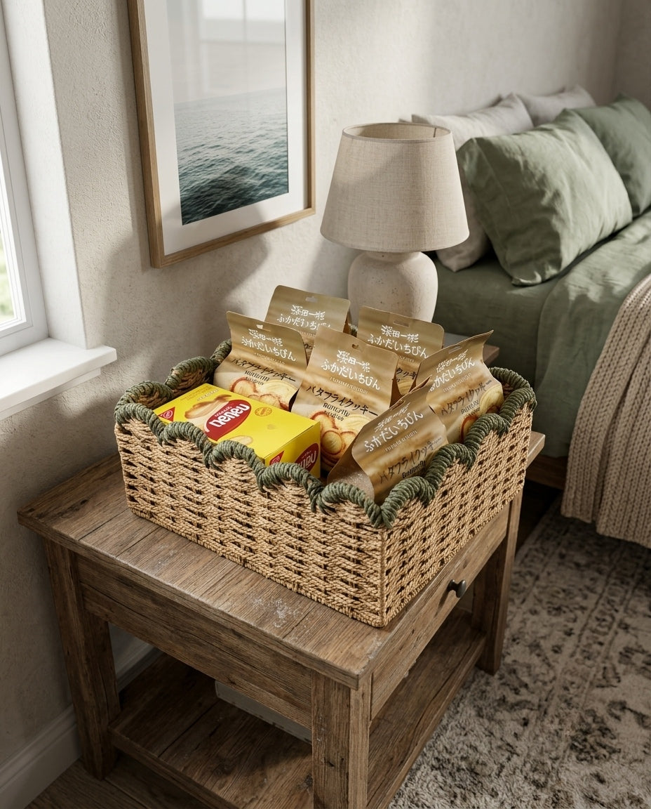 Woven desktop organizer basket for snacks and household essentials
