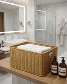Faux rattan storage basket for bathroom organization