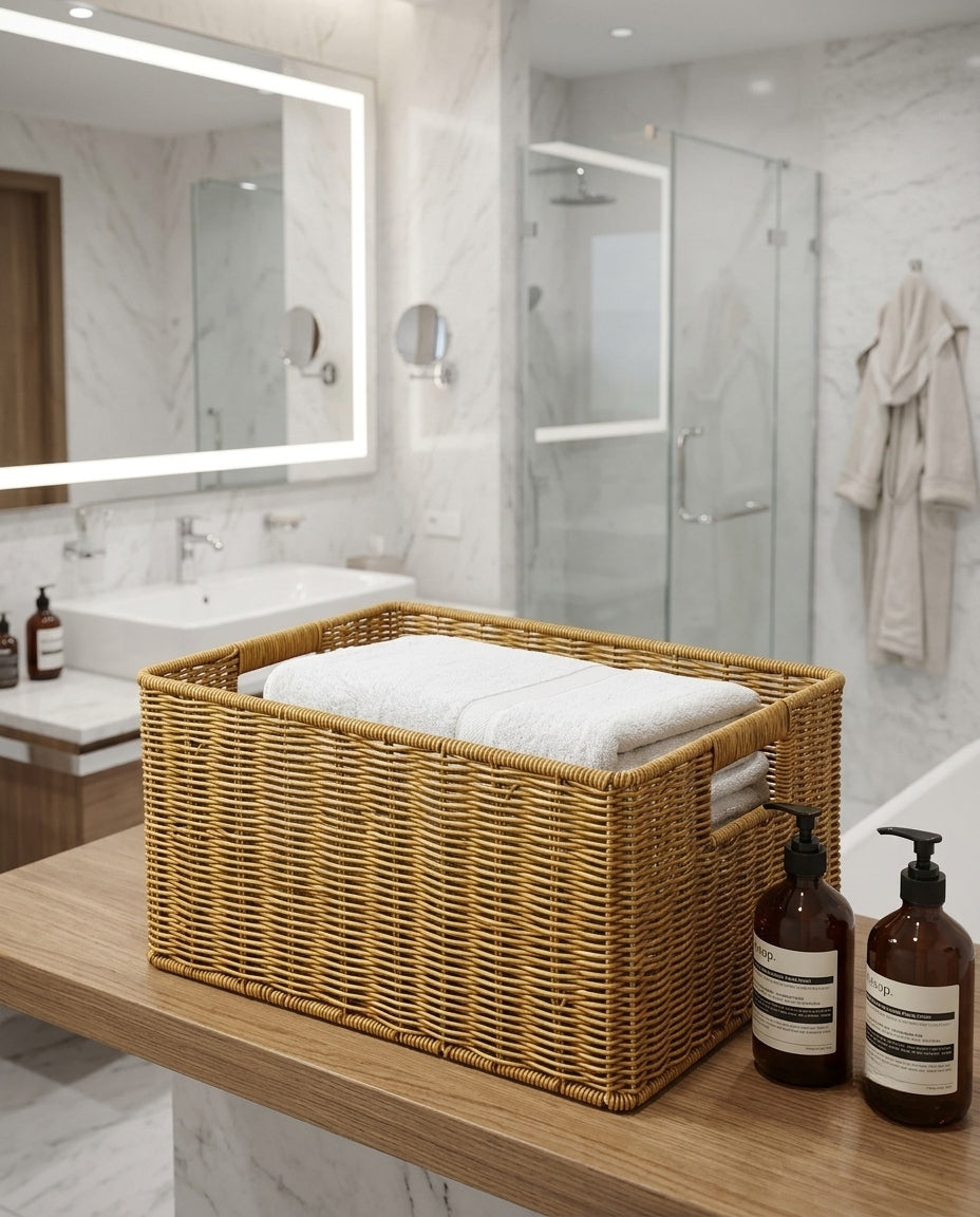 Faux rattan storage basket for bathroom organization
