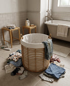 Faux rattan laundry basket used for bedroom clothes organization
