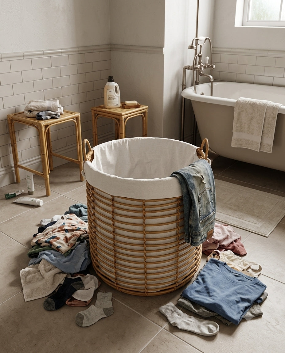 Faux rattan laundry basket used for bedroom clothes organization
