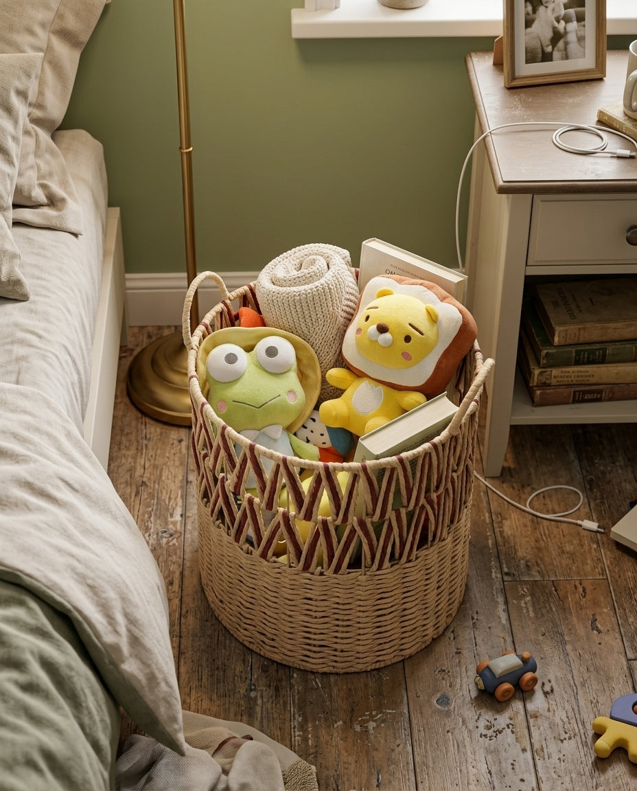 Faux rattan basket for bedroom clothes and towel storage