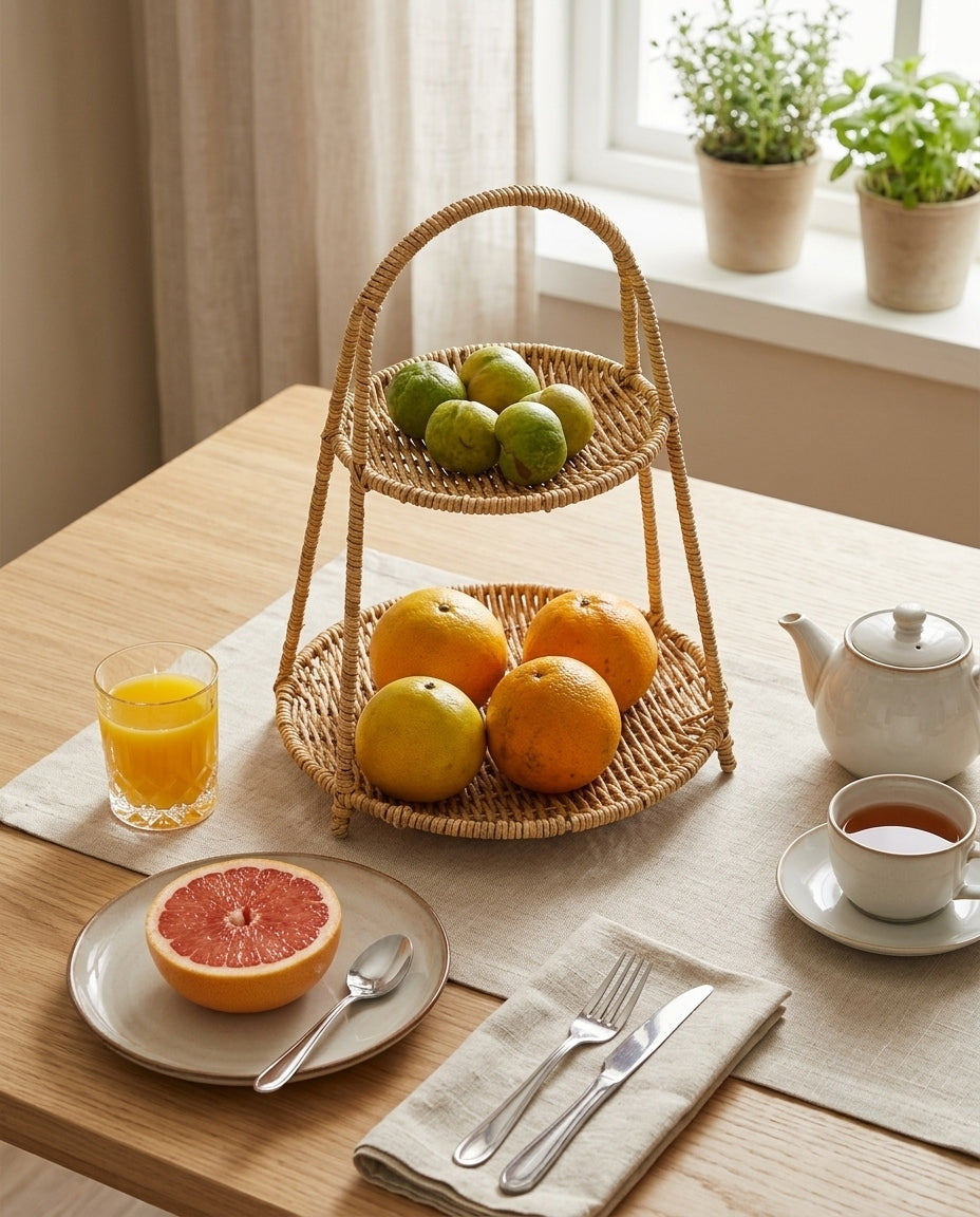 Faux rattan fruit tray displayed on home dining table