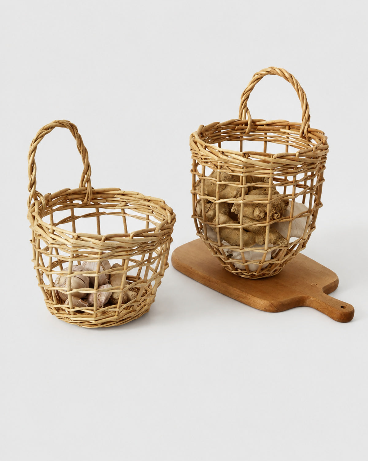 Faux rattan hanging kitchen basket for onion and garlic storage