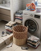 Faux rattan laundry basket used for bedroom and laundry organization