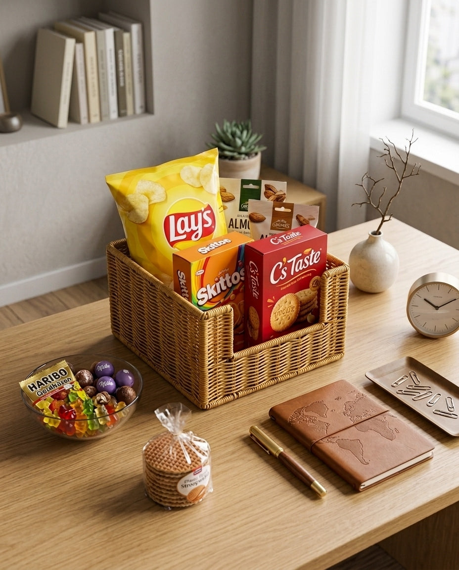Faux rattan snack organizer basket for living room storage