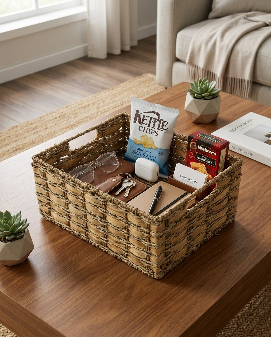 Grass woven storage basket for living room organization
