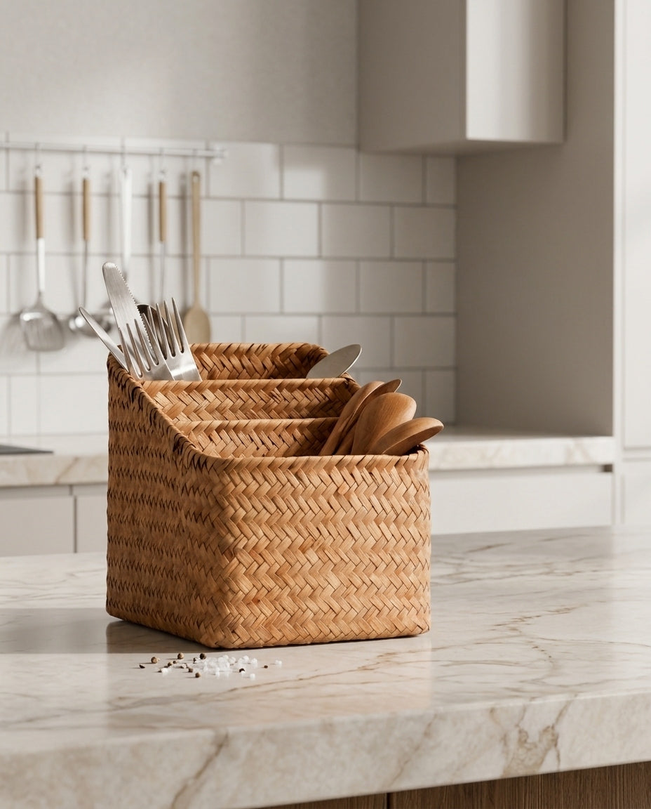 Kitchen countertop storage basket with handmade woven design