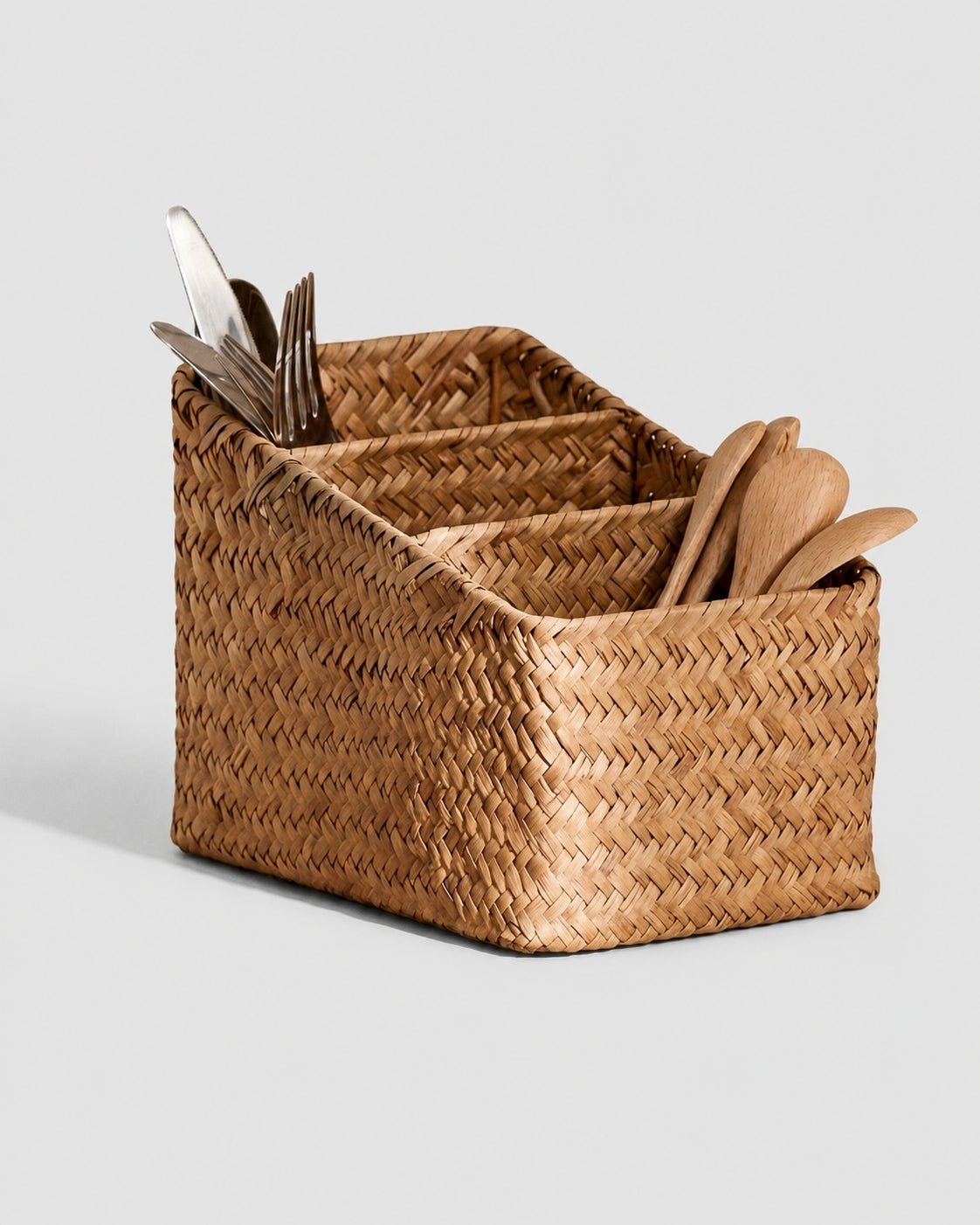 Handmade grass woven kitchen storage basket for cutlery and utensils