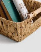 Close up view of handmade woven storage basket texture and handle design