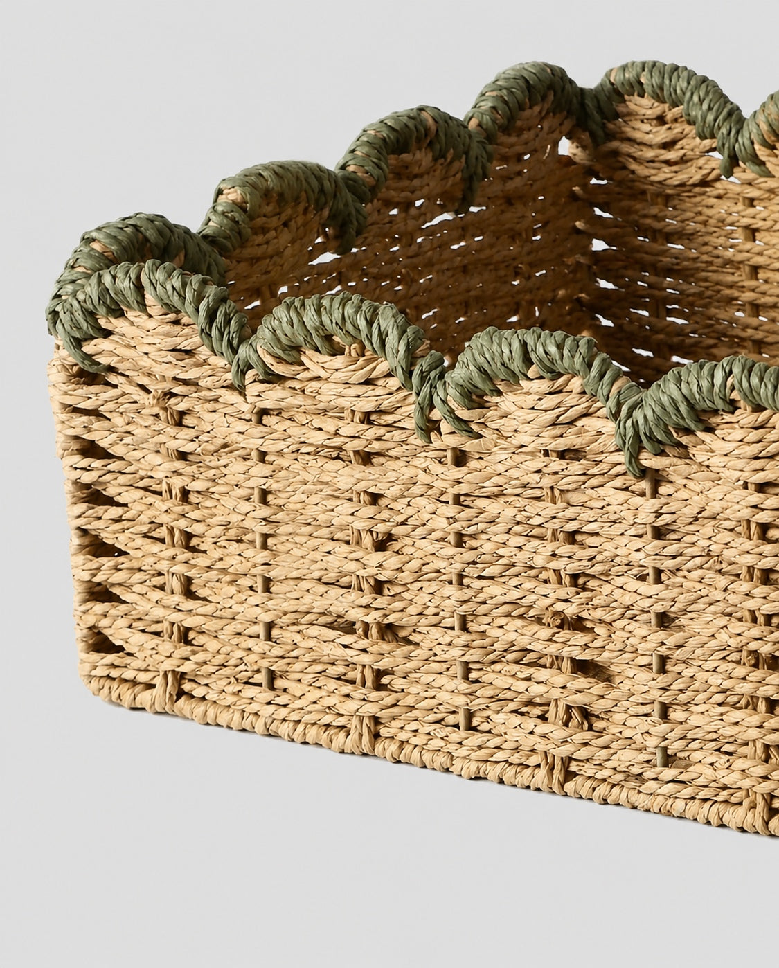 Close up view of handwoven paper rope storage basket texture
