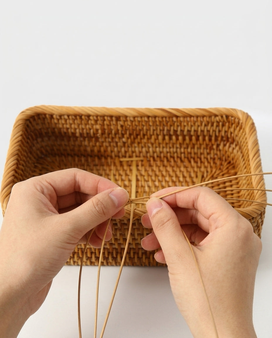 Close up of handwoven rattan basket texture and craftsmanship