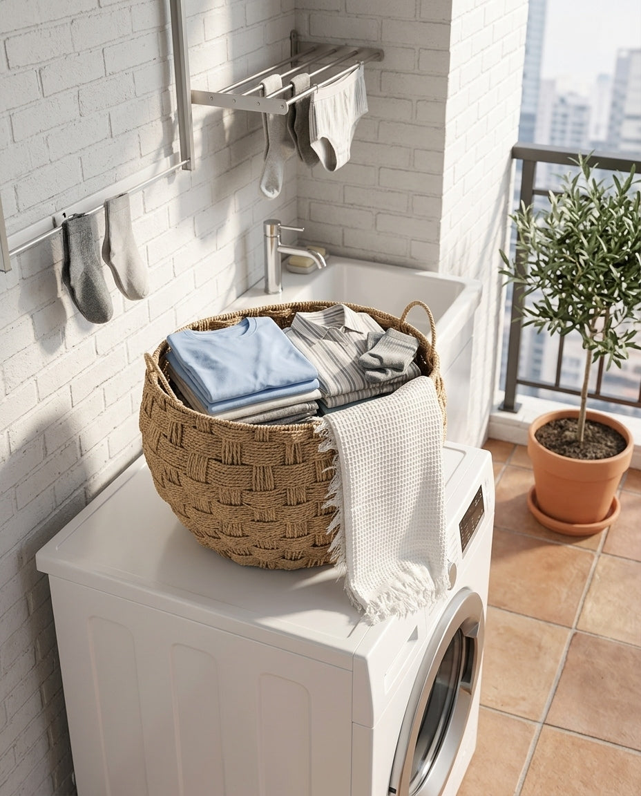 Woven rope basket for laundry and bathroom storage