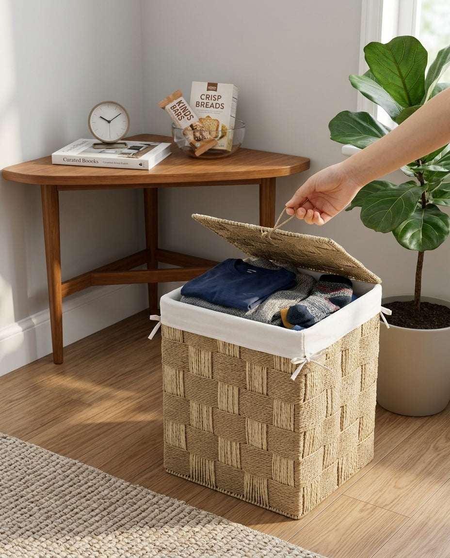 Lidded woven storage basket for bedroom clothes storage