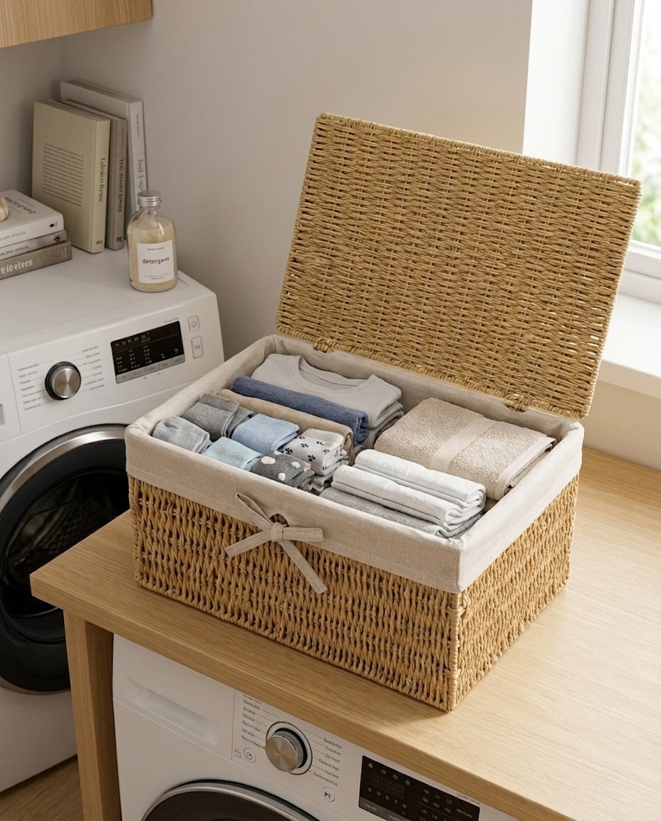Lidded storage basket used for bedroom clothing storage