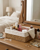 Natural woven makeup organizer basket for bedroom storage