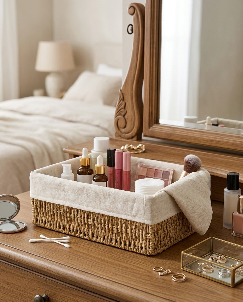 Natural woven makeup organizer basket for bedroom storage