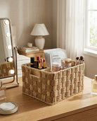 Woven organizer basket used for makeup table storage