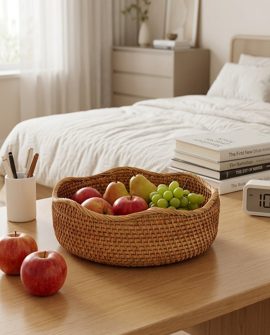 Natural rattan basket for fruits and household organization