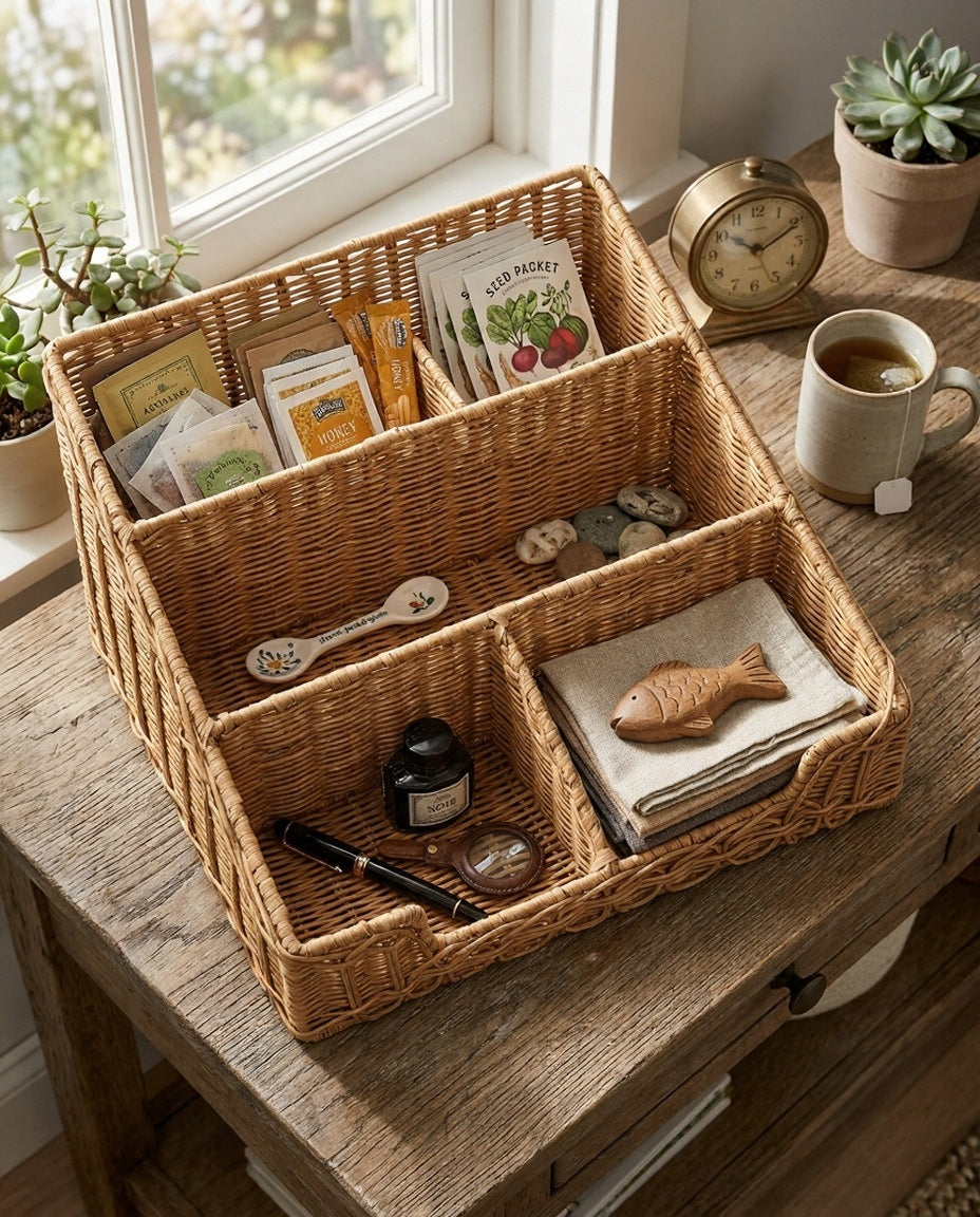 Natural rattan storage basket for living room organization