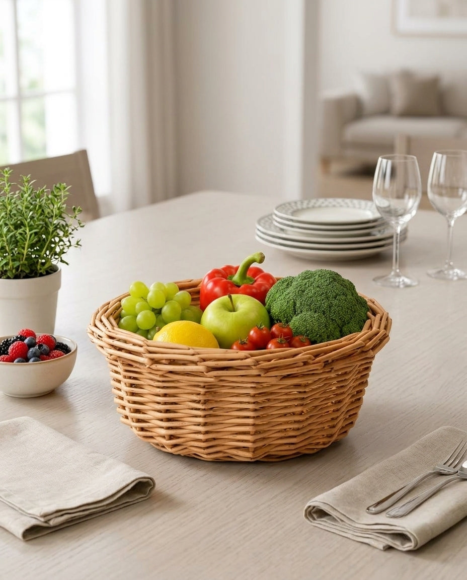Natural woven basket for fruit and snack storage at home