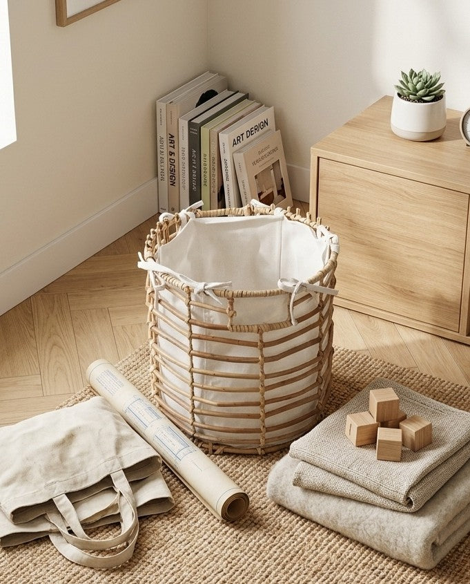Nordic style faux rattan storage basket in modern home interior