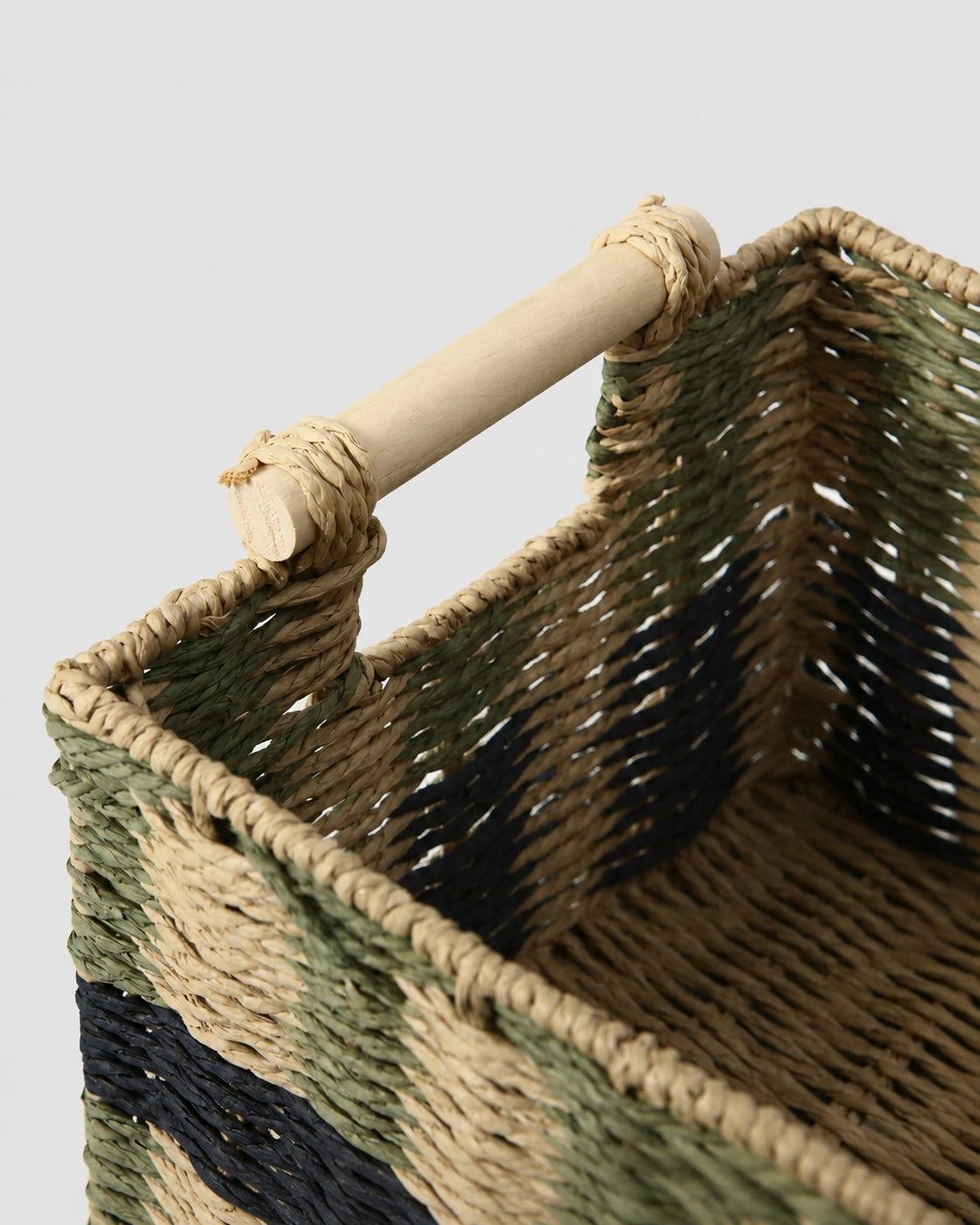 Handmade paper rope basket wooden handle detail