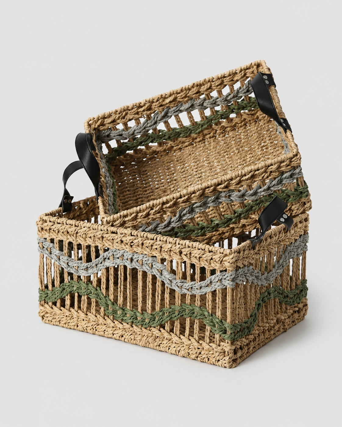 Handwoven paper rope storage basket with handles for home organization