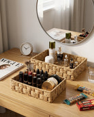 Paper rope cosmetic organizer on a bedroom vanity table