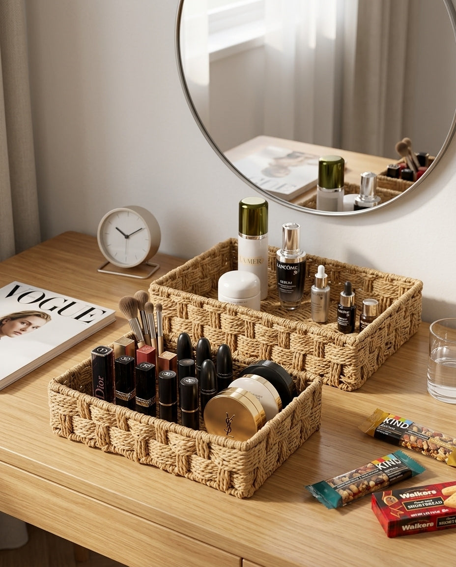 Paper rope cosmetic organizer on a bedroom vanity table