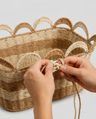 Close up view of handwoven paper rope laundry basket texture