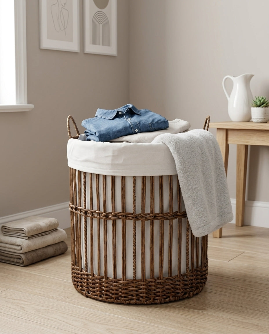 Woven laundry basket for bathroom storage