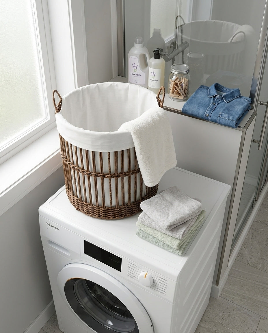 Rattan storage basket used in bedroom home