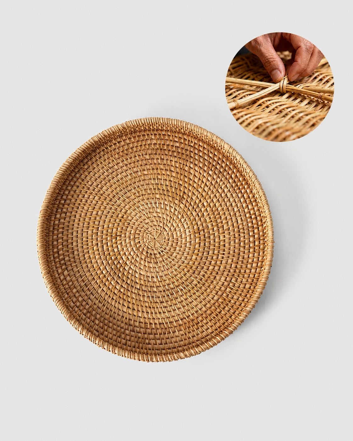 Top view of handwoven rattan fruit basket with natural texture