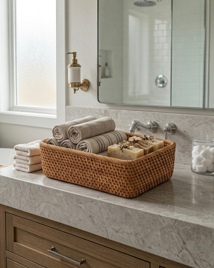 Rattan vanity organizer basket for bathroom cosmetics and skincare storage