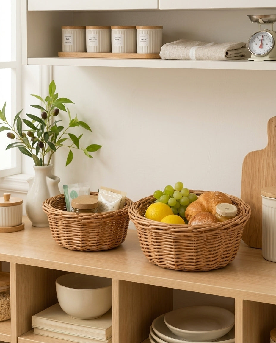 Rattan fruit basket displayed in modern kitchen storage space
