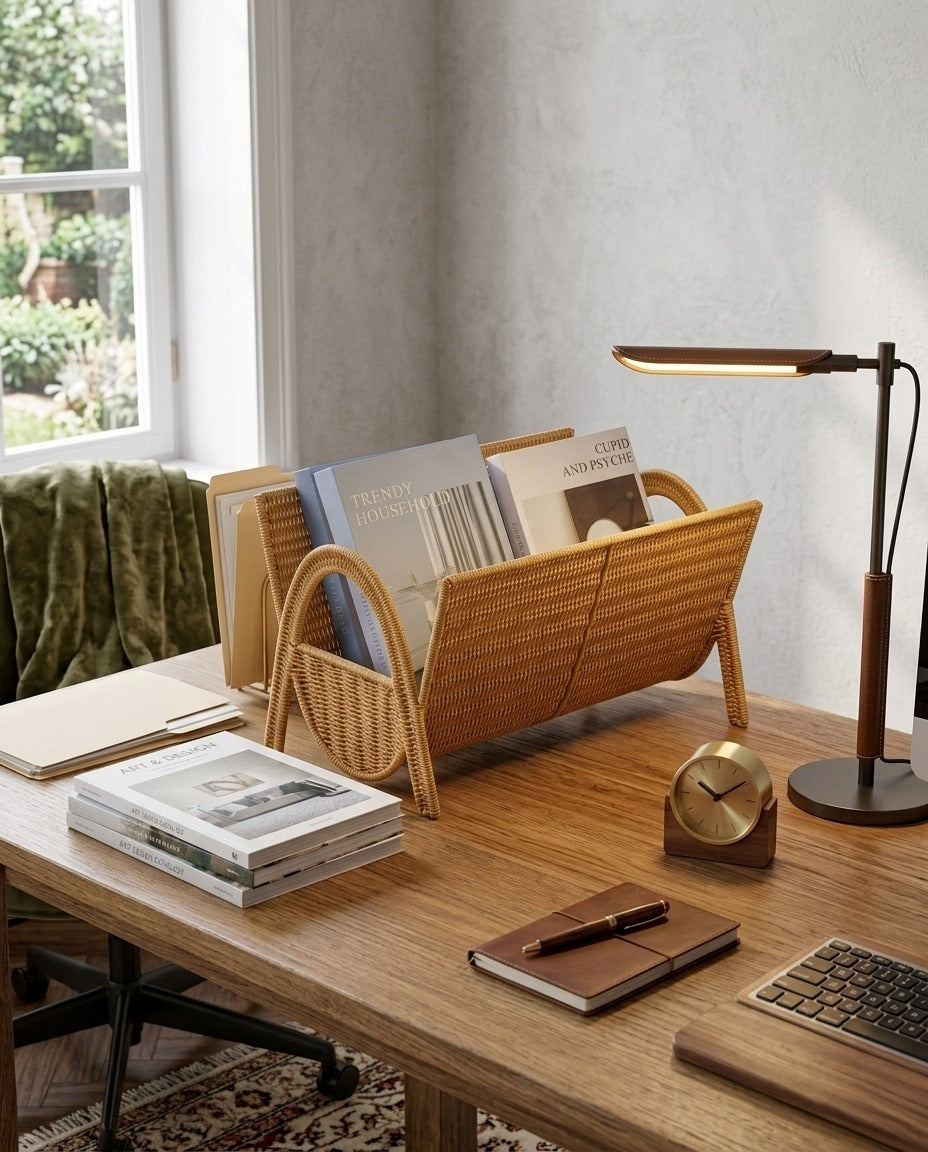Rattan magazine organizer holding books beside a home workspace