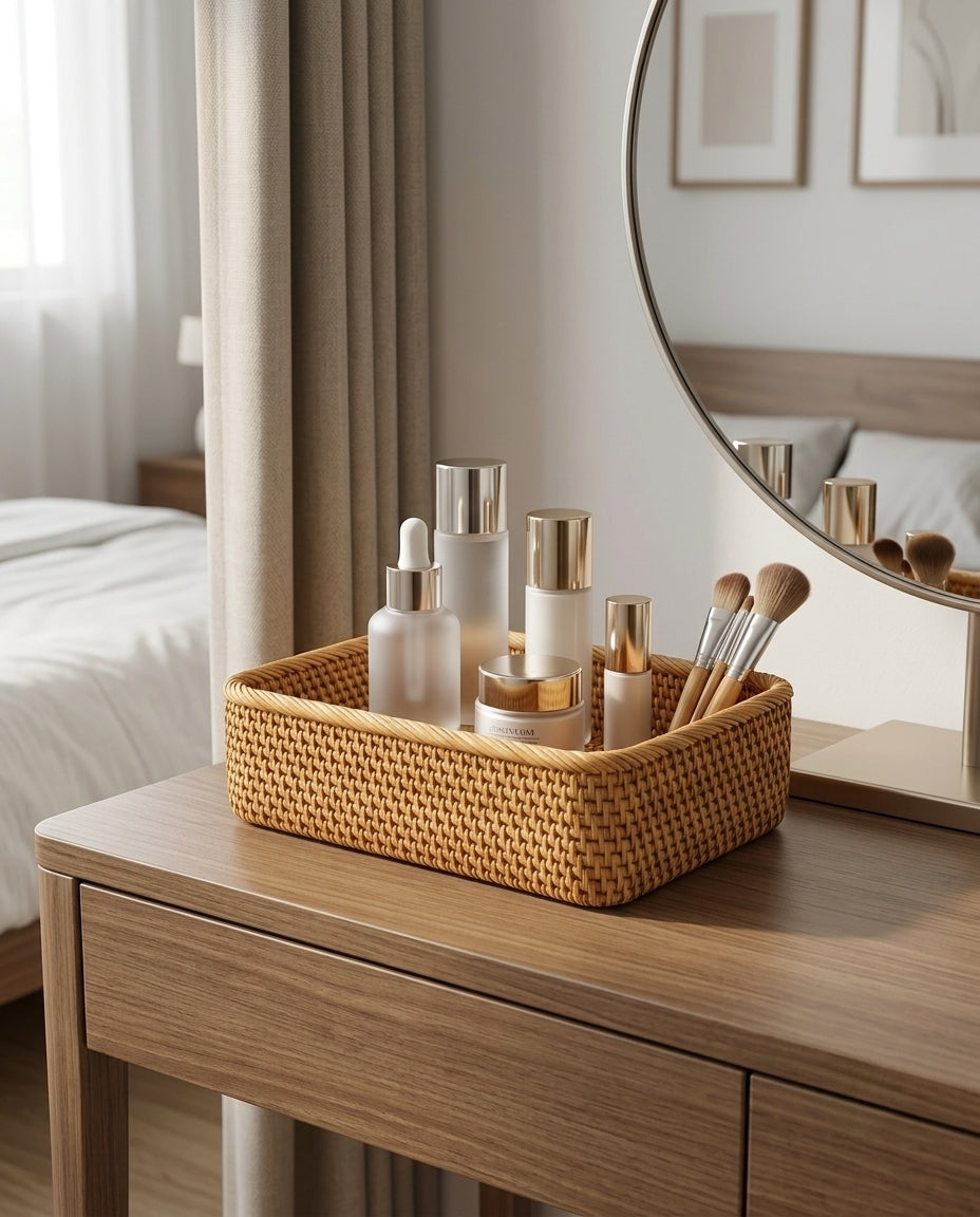 Rattan makeup organizer basket on a Nordic style dressing table