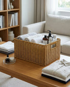 Rectangular storage basket used in living room